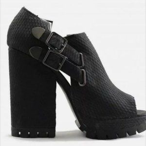 Grey City Leather Platform Block Chunky Heels Peep Toe Sandals Black Size 10